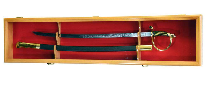1 Sword and Scabbard Display Case Cabinet - Oak Red Background -  sfDisplay.com