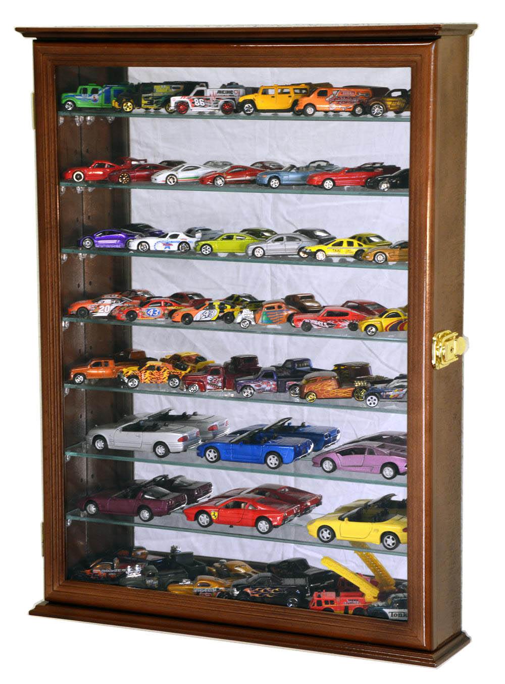 hot wheels card display case Large Mirrored Back 1/64 Diecast / Matchbox Train Display Case Cabinet Walnut