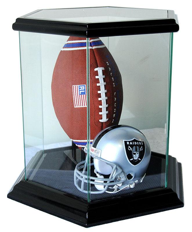 basketball with a football helmet Hexagon Glass Display Case (for Basketball, Soccer Ball, Football, Baseball Glove, Helmets and more) Black