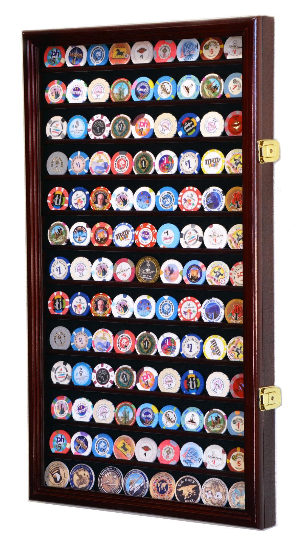 117 Slot Casino Chip Display Case | Walnut Wood Wall Cabinet With UV Protection & Lock