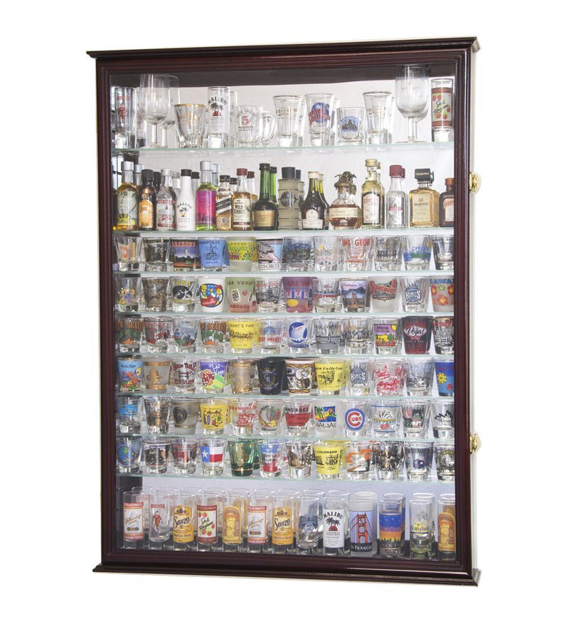 XL Mirror Backed and 11 Glass Shelves Shot Glasses Display Case Cabinet - sfDisplay.com