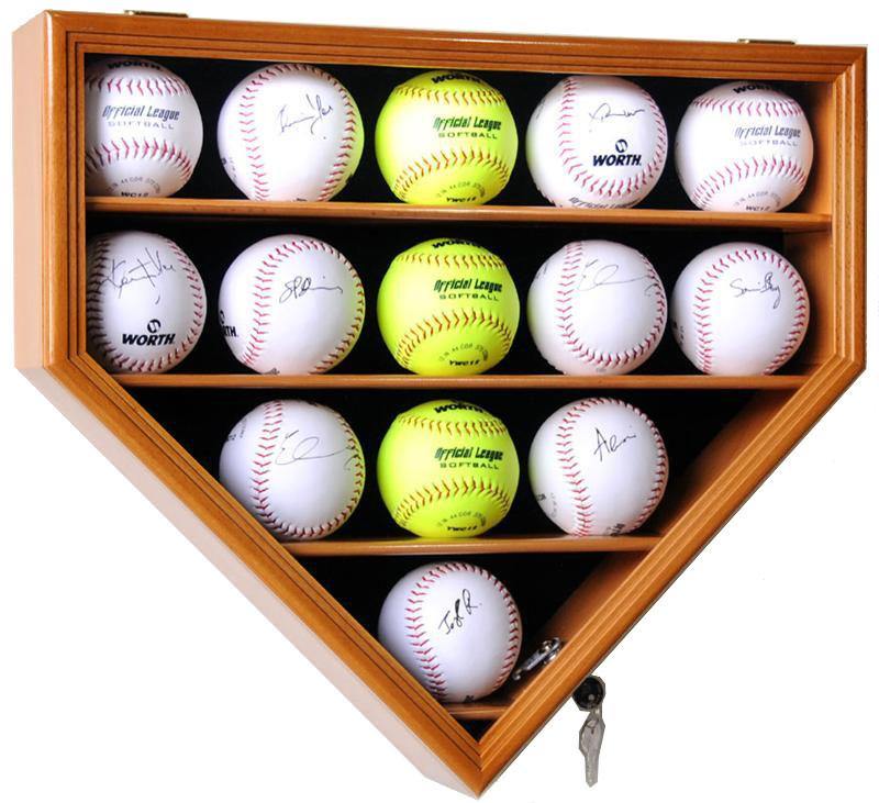 Softball Box 14 Softball Ball Display Case Cabinet - Home Plate Shaped