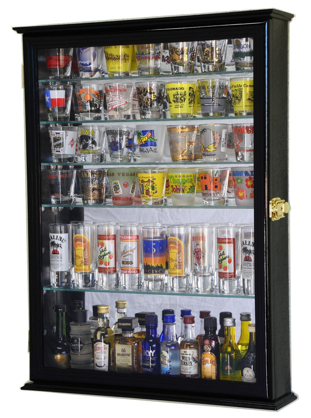 Large Mirror Backed and 7 Glass Shelves Shot Glasses Display Case Cabinet Black