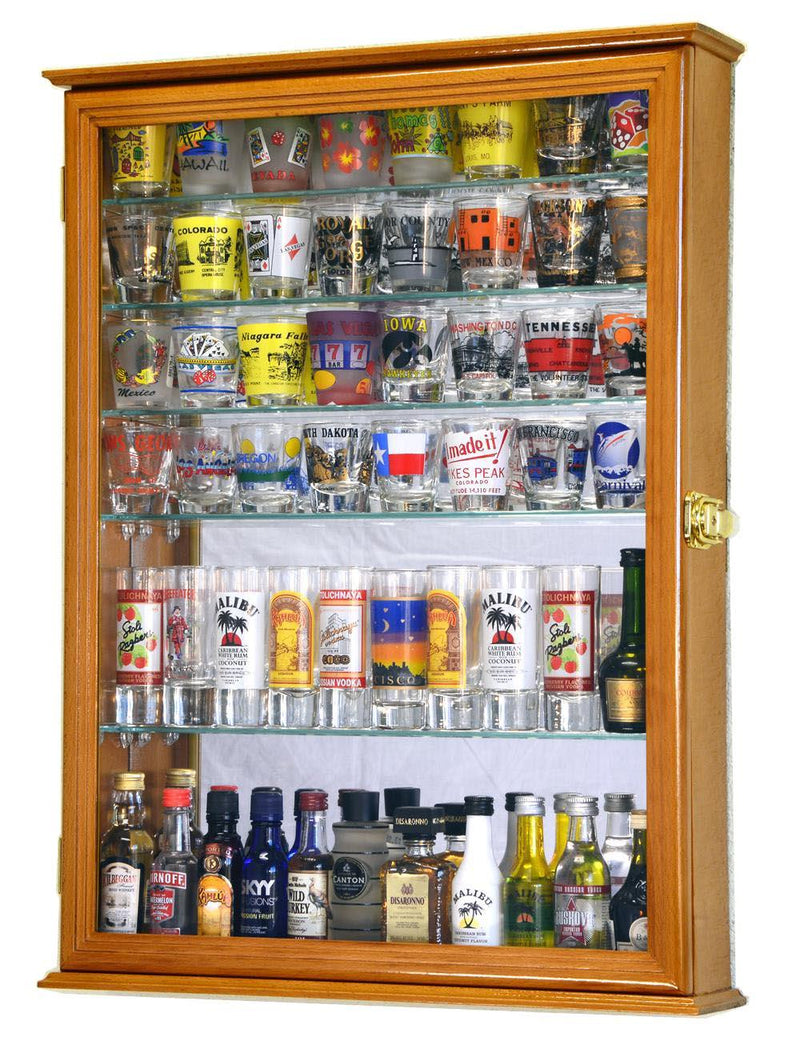 Large Mirror Backed and 7 Glass Shelves Shot Glasses Display Case Cabinet