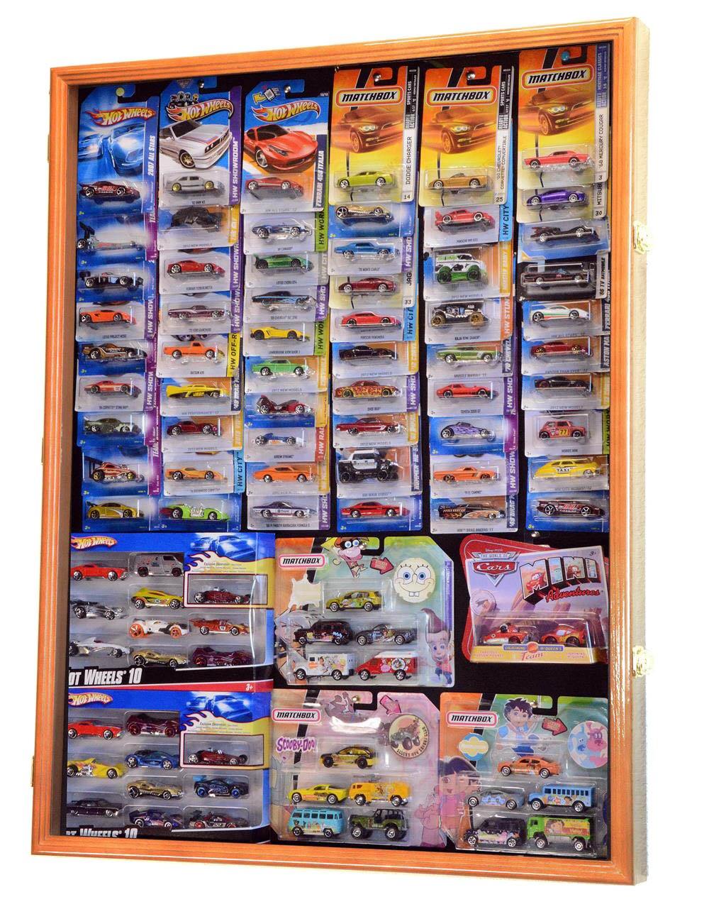 hot wheels display case for carded cars 1/64 Diecast / Matchbox for Cars in Retail Boxes Display Case Cabinet Walnut