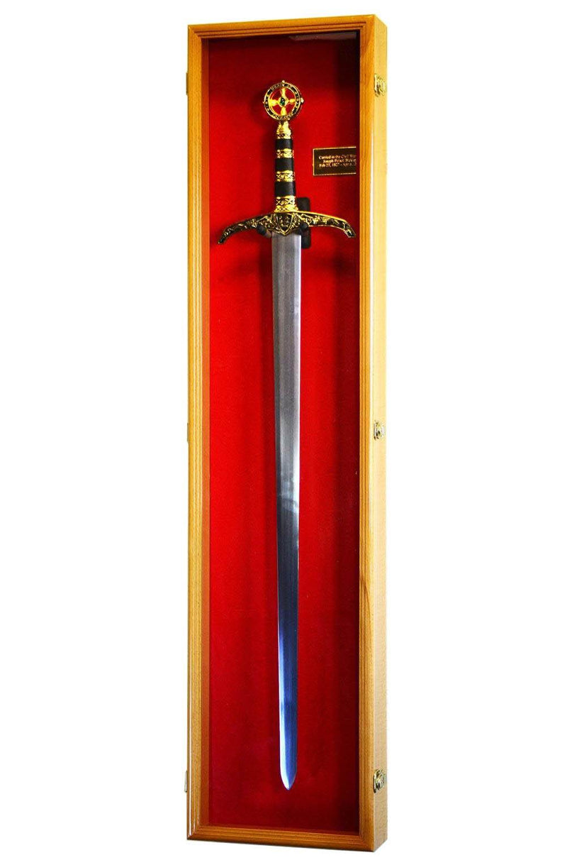 1 Long Sword Display Case Cabinet - Oak Red Background- sfDisplay.com