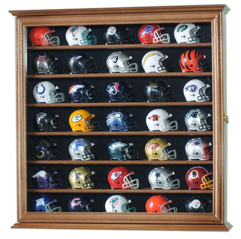 cheap football helmet cases Pocket Pro Mini Helmet Display Case Cabinet Walnut