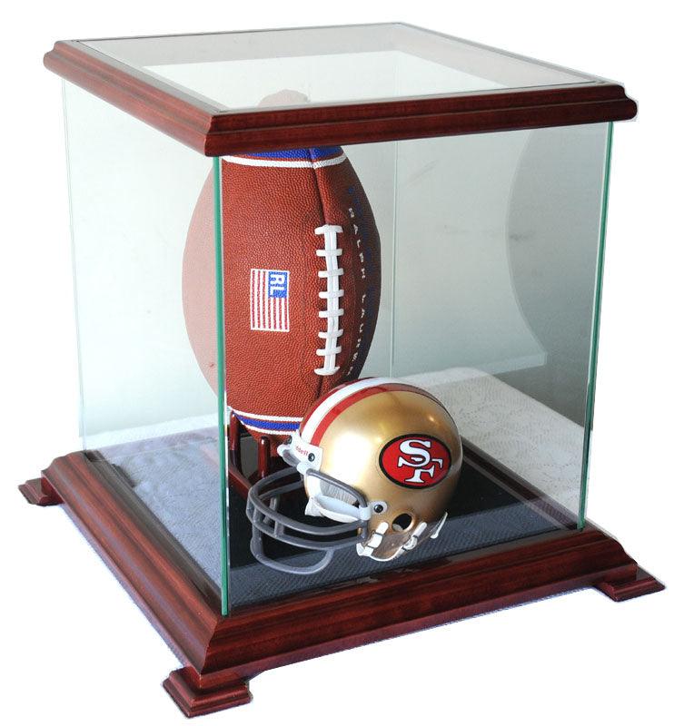 basketball football helmets Glass Display Case (for Basketball, Soccer Ball, Football, Baseball Glove, Helmets and more) Cherry